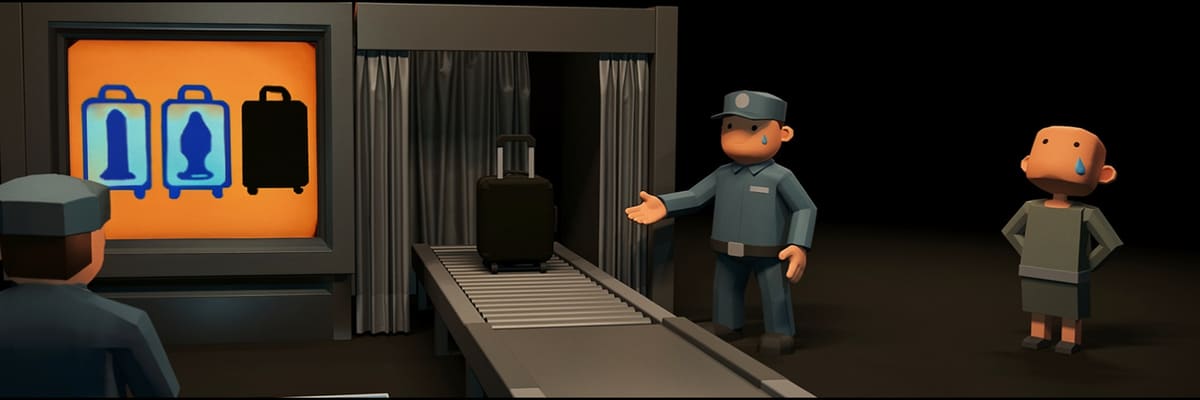 Low-poly airport checkpoint: an operator with his back turned, an x-ray monitor showing two clear bags and one solid black rectangle, a guard and a sweating traveler.